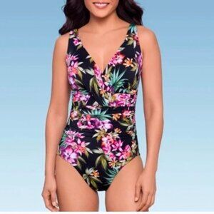 Agua Green Floral Shirred Shape + Style One Piece Swimsuit